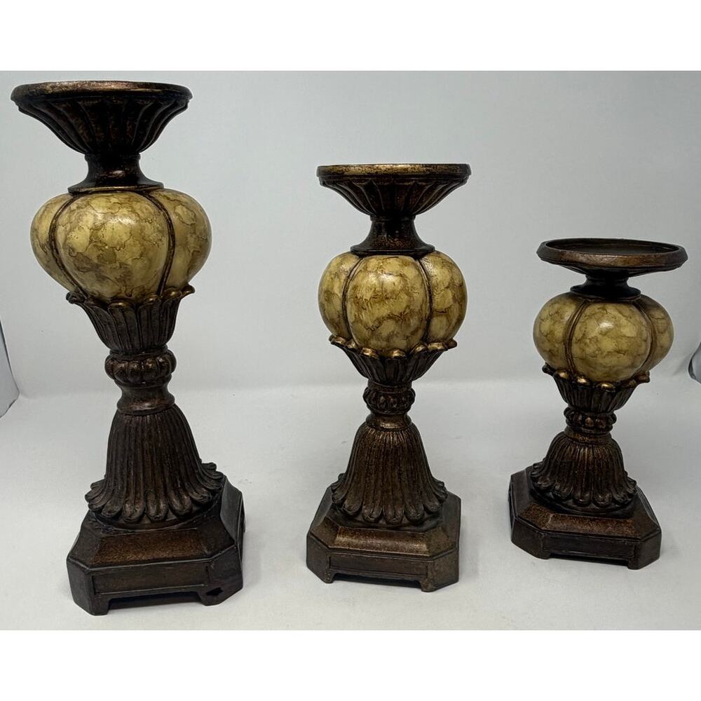 Tucson Style Pillar Faux Alabaster Finish Gold Brass Candleholders Set of 3 - Picture 3 of 11